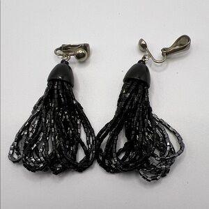 Black and Gun Metal Grey Beaded Tassel Clip-On Earrings